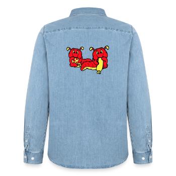 2 Caterpillars Worm Happy Eating Pizza Sausage Eating - Men’s Organic Denim Shirt by Stanley/Stella - light wash - Back - AI Model Male 185 light (185cm)