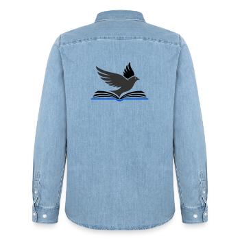Bird flies out of book - Men’s Organic Denim Shirt by Stanley/Stella - light wash - Back - AI Model Male 185 light (185cm)