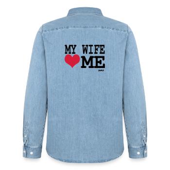 my wife loves me by wam - Men’s Organic Denim Shirt by Stanley/Stella - light wash - Back - AI Model Male 185 light (185cm)