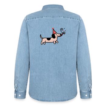 Party Dachshund Birthday Dog - Men’s Organic Denim Shirt by Stanley/Stella - light wash - Back - AI Model Male 185 light (185cm)