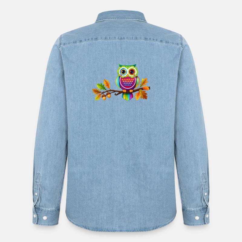Bunte Eule auf Ast mit Herbstblättern - Männer Jeanshemd Organic von Stanley/Stella - verwaschenes Hellblau