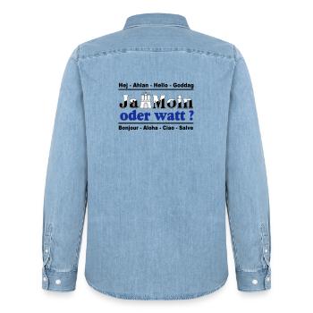 Hamburg , Tradition , Ja Moin oder watt (25) - Männer Jeanshemd Organic von Stanley/Stella - verwaschenes Hellblau - Hinten - AI Model Male 185 light (185cm)