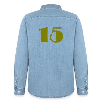15. 15 ANS. 15e ANNIVERSAIRE. ANNIVERSAIRE 15 ANS. - Chemise en denim homme bio Stanley/Stella - bleu clair délavé - Dos - AI Model Male 185 light (185cm)
