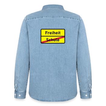 abishirt diplôme d'études abimotiv 2010 lycée - Chemise en denim homme bio Stanley/Stella - bleu clair délavé - Dos - AI Model Male 185 light (185cm)