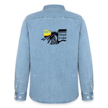 The little yellow train - Men’s Organic Denim Shirt by Stanley/Stella - light wash - Back - AI Model Male 185 light (185cm)
