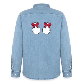 2 hands wanker middle finger show insulting fi - Men’s Organic Denim Shirt by Stanley/Stella - light wash - Back - AI Model Male 185 light (185cm)