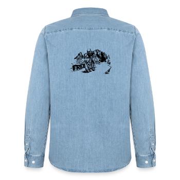 Motorbike Free Mountains Dolomites Biker Symbol Logo - Men’s Organic Denim Shirt by Stanley/Stella - light wash - Back - AI Model Male 185 light (185cm)
