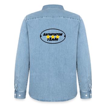 Badminton Team - Men’s Organic Denim Shirt by Stanley/Stella - light wash - Back - AI Model Male 185 light (185cm)
