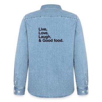 live love laugh and good food - Men’s Organic Denim Shirt by Stanley/Stella - light wash - Back - AI Model Male 185 light (185cm)