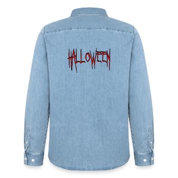 Halloween in Horror Schrift - Männer Jeanshemd Organic von Stanley/Stella - verwaschenes Hellblau - Hinten - AI Model Male 185 light (185cm)