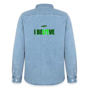i believe - Men’s Organic Denim Shirt by Stanley/Stella - light wash - Back - AI Model Male 185 light (185cm)
