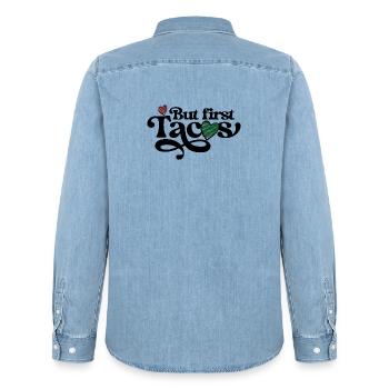 Cœurs rayés dessinés à la main sur fond noir - Chemise en denim homme bio Stanley/Stella - bleu clair délavé - Dos - AI Model Male 185 light (185cm)