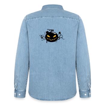 black halloween pumpkin with glowing eyes - Men’s Organic Denim Shirt by Stanley/Stella - light wash - Back - AI Model Male 185 light (185cm)