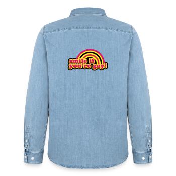 smile if you're gay - Chemise en denim homme bio Stanley/Stella - bleu clair délavé - Dos - AI Model Male 185 light (185cm)