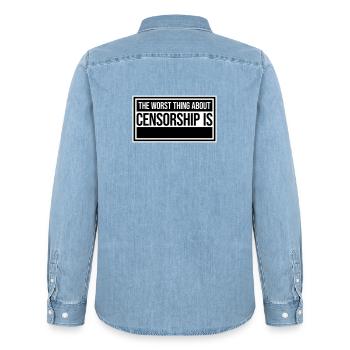 Le pire dans la censure, c’est l’ironie amusante - Chemise en denim homme bio Stanley/Stella - bleu clair délavé - Dos - AI Model Male 185 light (185cm)
