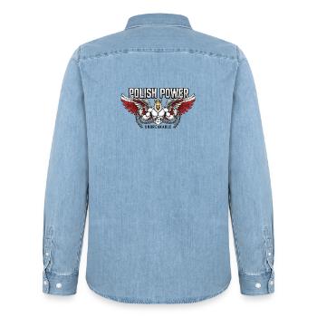 Polish Power - Husaria Gym Beast - Men’s Organic Denim Shirt by Stanley/Stella - light wash - Back - AI Model Male 185 light (185cm)