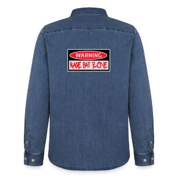 Warning Rage Bait Caution Zone Sign Fun Warning - Men’s Organic Denim Shirt by Stanley/Stella - mid washy  - Back - AI Model Male 185 light (185cm)