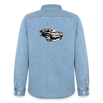 La puissance d’une muscle car à l’état pur ! - Chemise en denim homme bio Stanley/Stella - bleu clair délavé - Dos - AI Model Male 185 light (185cm)