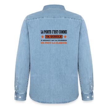 Halt den Mund - Männer Jeanshemd Organic von Stanley/Stella - verwaschenes Hellblau - Hinten - AI Model Male 185 light (185cm)