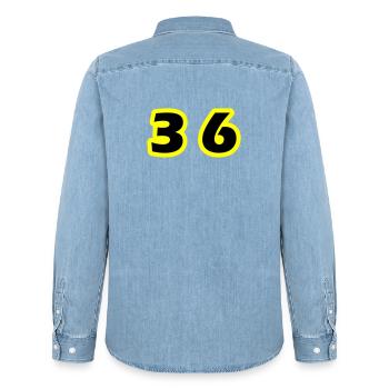 36 Number Symbol - Men’s Organic Denim Shirt by Stanley/Stella - light wash - Back - AI Model Male 185 light (185cm)