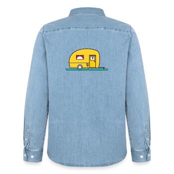MISTRESS. MASTER. TEACHER. SCHOOL - Men’s Organic Denim Shirt by Stanley/Stella - light wash - Back - AI Model Male 185 light (185cm)