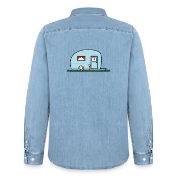 HOLIDAY. HAPPY HOLIDAYS. MISTRESS. MASTER. TEACHER - Men’s Organic Denim Shirt by Stanley/Stella - light wash - Back - AI Model Male 185 light (185cm)