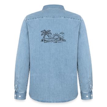 Art en lignes de vagues de palmier tropicales - Chemise en denim homme bio Stanley/Stella - bleu clair délavé - Dos - AI Model Male 185 light (185cm)