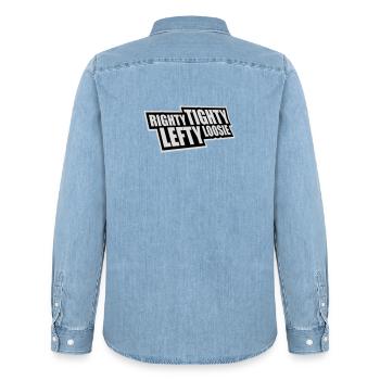 Righty Tighty Lefty Loosie Funny DIY Logo - Men’s Organic Denim Shirt by Stanley/Stella - light wash - Back - AI Model Male 185 light (185cm)