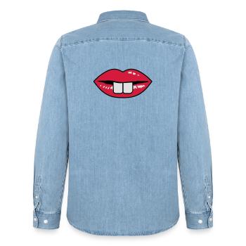 Buck teeth and red lips - Men’s Organic Denim Shirt by Stanley/Stella - light wash - Back - AI Model Male 185 light (185cm)