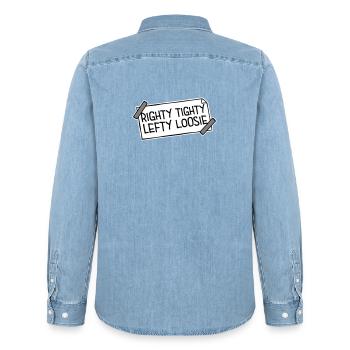 Righty Tighty Lefty Loosie Funny DIY Logo - Men’s Organic Denim Shirt by Stanley/Stella - light wash - Back - AI Model Male 185 light (185cm)