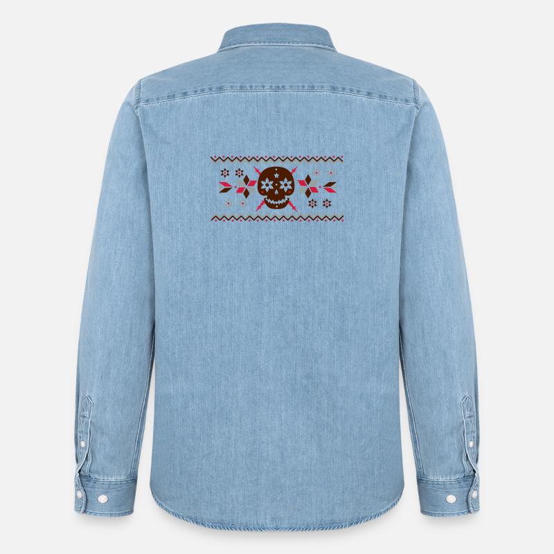 Skull Muster im Norweger Stil - Männer Jeanshemd Organic von Stanley/Stella - verwaschenes Hellblau