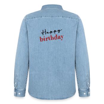 HAPPY BIRTHDAY. HAPPY BIRTHDAY. ANNIVERSARY. - Men’s Organic Denim Shirt by Stanley/Stella - light wash - Back - AI Model Male 185 light (185cm)