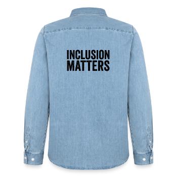 Inclusion is important – Special education – Freundli - Men’s Organic Denim Shirt by Stanley/Stella - light wash - Back - AI Model Male 185 light (185cm)
