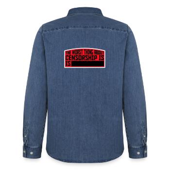 The Worst Thing About Censorship Is Funny Irony - Men’s Organic Denim Shirt by Stanley/Stella - mid washy  - Back - AI Model Male 185 light (185cm)