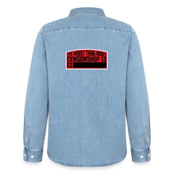 The Worst Thing About Censorship Is Funny Irony - Men’s Organic Denim Shirt by Stanley/Stella - light wash - Back - AI Model Male 185 light (185cm)