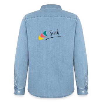 HOLIDAY. HAPPY HOLIDAYS. MISTRESS. MASTER. TEACHER - Men’s Organic Denim Shirt by Stanley/Stella - light wash - Back - AI Model Male 185 light (185cm)