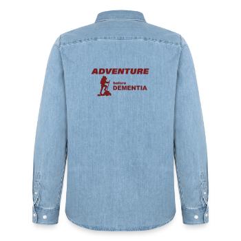 CLIMBING ADVENTURE - Men’s Organic Denim Shirt by Stanley/Stella - light wash - Back - AI Model Male 185 light (185cm)