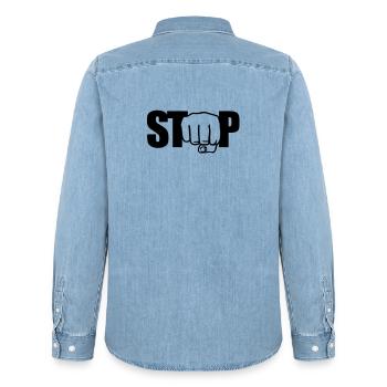 Stop | Faust | Fist - Men’s Organic Denim Shirt by Stanley/Stella - light wash - Back - AI Model Male 185 light (185cm)