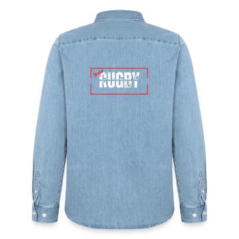 Team rugby red - Men’s Organic Denim Shirt by Stanley/Stella - light wash - Back - AI Model Male 185 light (185cm)