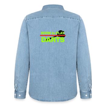 Made for Darts , Neon Edition, Onehundreteighty - Men’s Organic Denim Shirt by Stanley/Stella - light wash - Back - AI Model Male 185 light (185cm)
