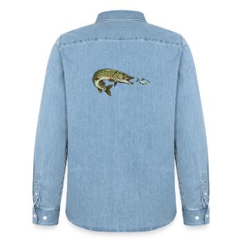 Pike hunts fish - Men’s Organic Denim Shirt by Stanley/Stella - light wash - Back - AI Model Male 185 light (185cm)