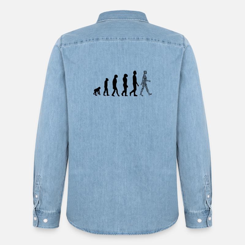 Evolution QR code - Humour pass sanitaire - Chemise en denim homme bio Stanley/Stella - bleu clair délavé