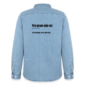 Programmeur – Résout les problèmes que vous n’avez pas - Chemise en denim homme bio Stanley/Stella - bleu clair délavé - Dos - AI Model Male 185 light (185cm)