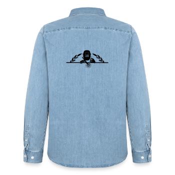 Welder logo transparent with half laurel wreath - Men’s Organic Denim Shirt by Stanley/Stella - light wash - Back - AI Model Male 185 light (185cm)