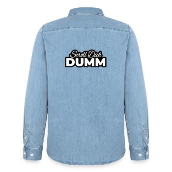 Scroll You Stupid Typo Print - Men’s Organic Denim Shirt by Stanley/Stella - light wash - Back - AI Model Male 185 light (185cm)