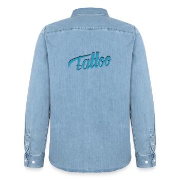 Tattoo Script in Teal - Men’s Organic Denim Shirt by Stanley/Stella - light wash - Back - AI Model Male 185 light (185cm)
