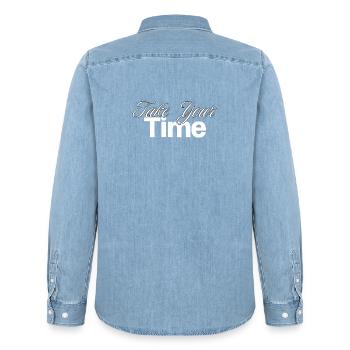 Take Your Time Design - Men’s Organic Denim Shirt by Stanley/Stella - light wash - Back - AI Model Male 185 light (185cm)