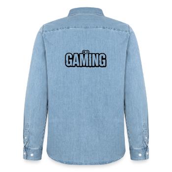 Gaming_Schrift_mit_Conroller - Men’s Organic Denim Shirt by Stanley/Stella - light wash - Back - AI Model Male 185 light (185cm)