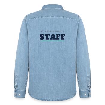 Staff College Lettering - Staff Team - Men’s Organic Denim Shirt by Stanley/Stella - light wash - Back - AI Model Male 185 light (185cm)