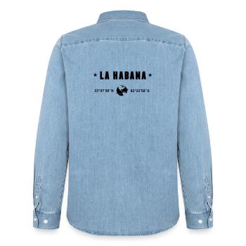 La Habana Cuba Coordinates Globe - Men’s Organic Denim Shirt by Stanley/Stella - light wash - Back - AI Model Male 185 light (185cm)